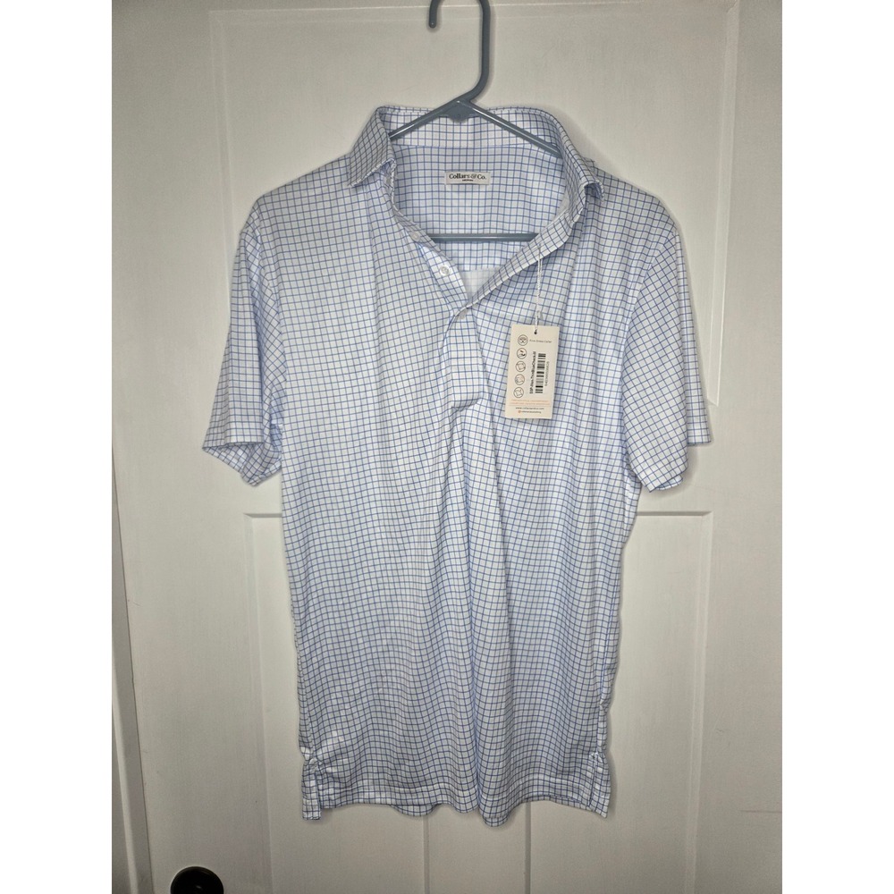 Collars‎ & Co Mens Thin Blue Check Dress Collar Polo Shirt Medium NWT SSP-Men
